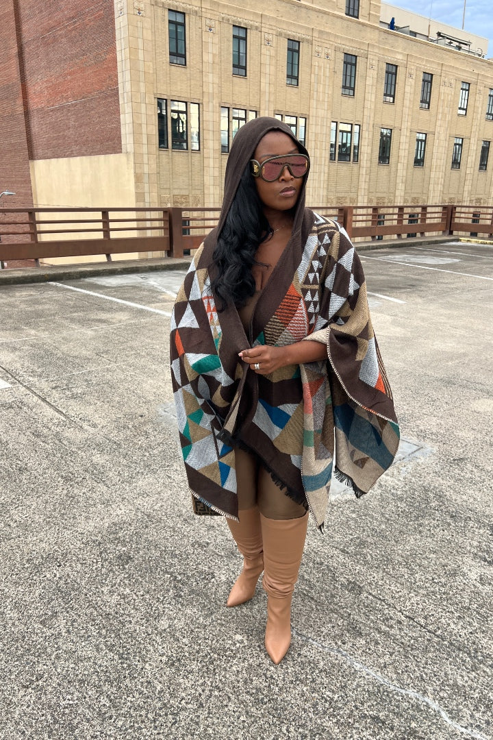 RESTOCKED Rich Auntie Santa Fe' Winter Open Front Poncho with Hood - Chocolate Brown Tan Grey Blend