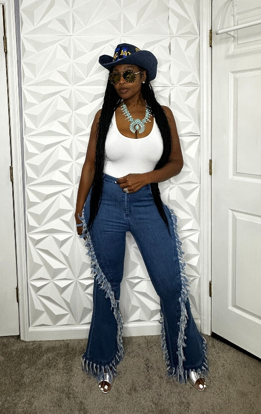 RESTOCKED Cowgirl Tall Flare Fringe Stretch Denim Jeans – All Diva