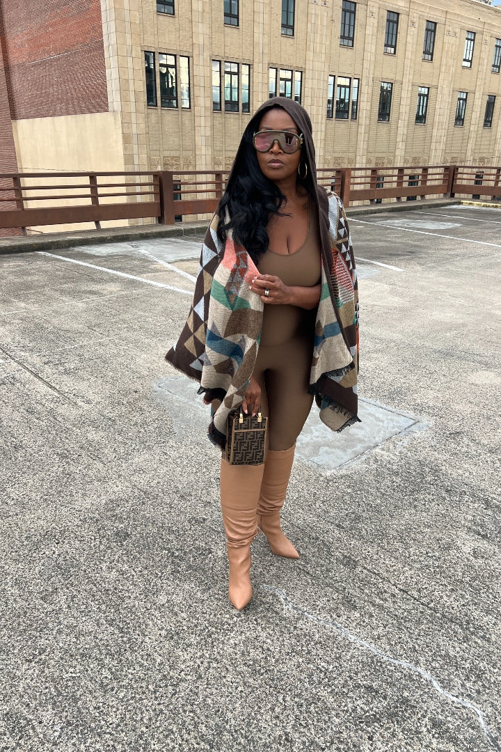 RESTOCKED Rich Auntie Santa Fe' Winter Open Front Poncho with Hood - Chocolate Brown Tan Grey Blend