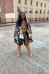 RESTOCKED Rich Auntie Santa Fe' Winter Open Front Poncho with Hood - Chocolate Brown Tan Grey Blend