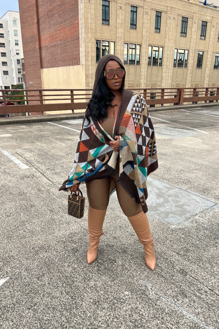RESTOCKED Rich Auntie Santa Fe' Winter Open Front Poncho with Hood - Chocolate Brown Tan Grey Blend