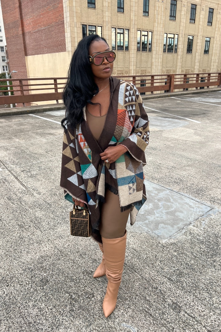 RESTOCKED Rich Auntie Santa Fe' Winter Open Front Poncho with Hood - Chocolate Brown Tan Grey Blend