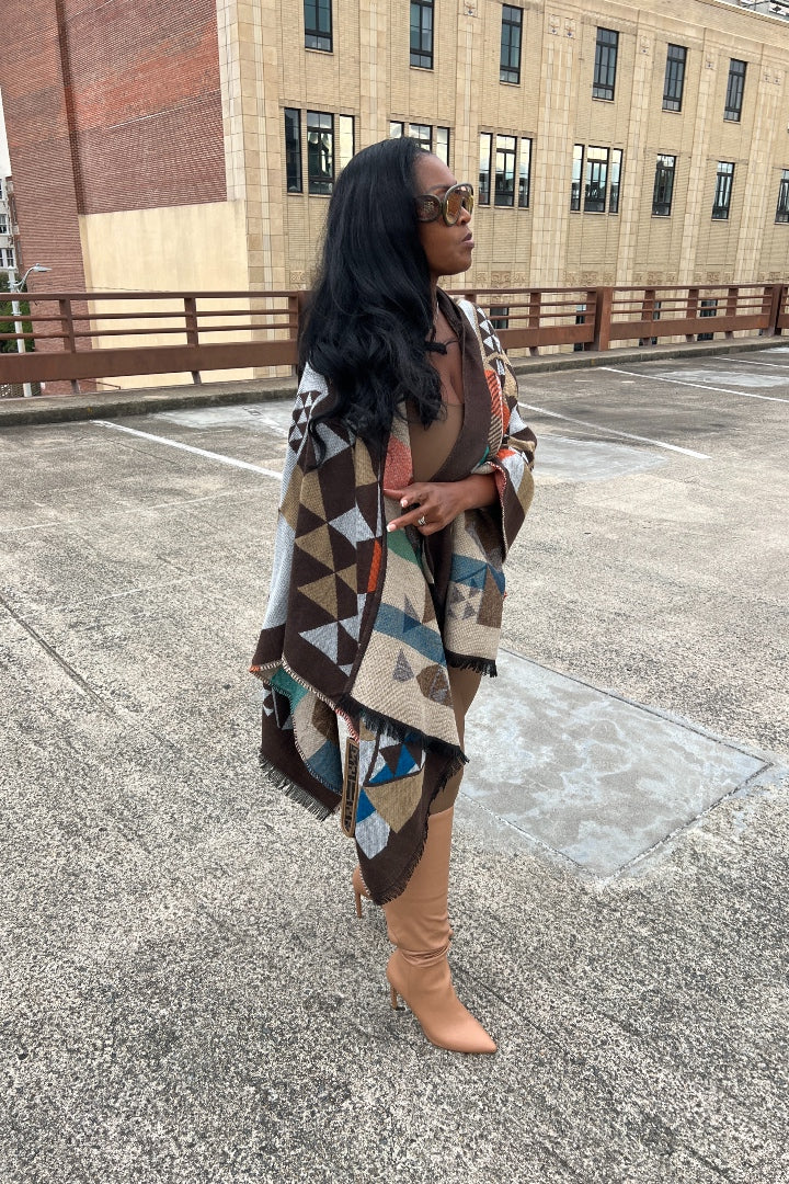 RESTOCKED Rich Auntie Santa Fe' Winter Open Front Poncho with Hood - Chocolate Brown Tan Grey Blend
