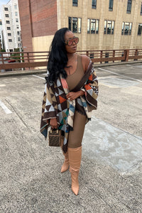 RESTOCKED Rich Auntie Santa Fe' Winter Open Front Poncho with Hood - Chocolate Brown Tan Grey Blend