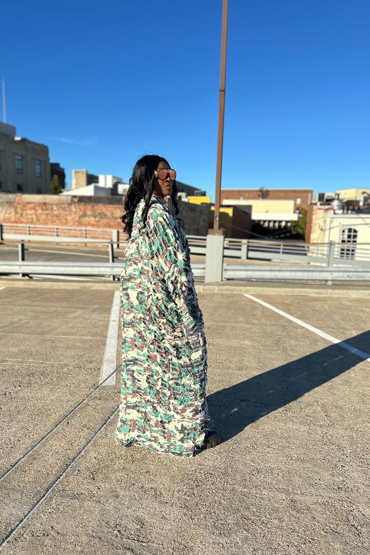 NEW Camo Denim Distressed Cut Out  Open Front Long Cardigan - Dark Denim Blue Ships 11/7