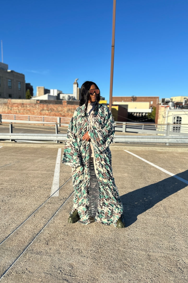 NEW Camo Denim Distressed Cut Out  Open Front Long Cardigan - Dark Denim Blue Ships 11/7