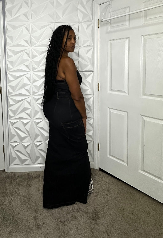 Black Denim Cargo Dress for Women with Belt