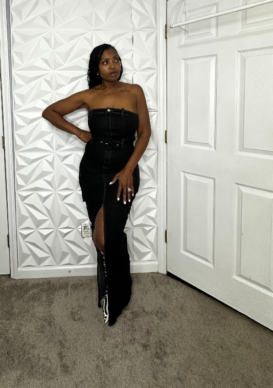 NEW Black Denim Cargo dress with belt and front split