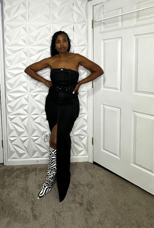 NEW Black Denim Cargo dress with belt and front split