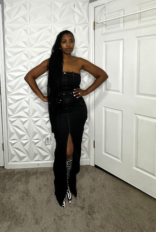 NEW Black Denim Cargo dress with belt and front split