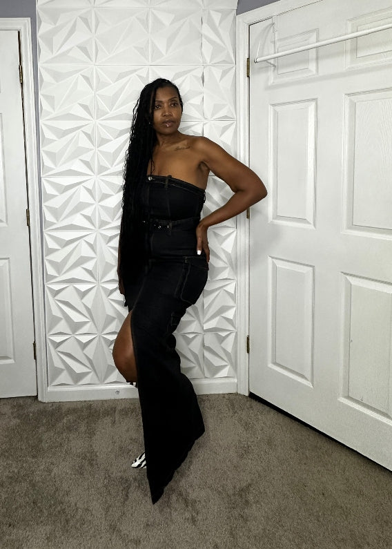 NEW Black Denim Cargo dress with belt and front split