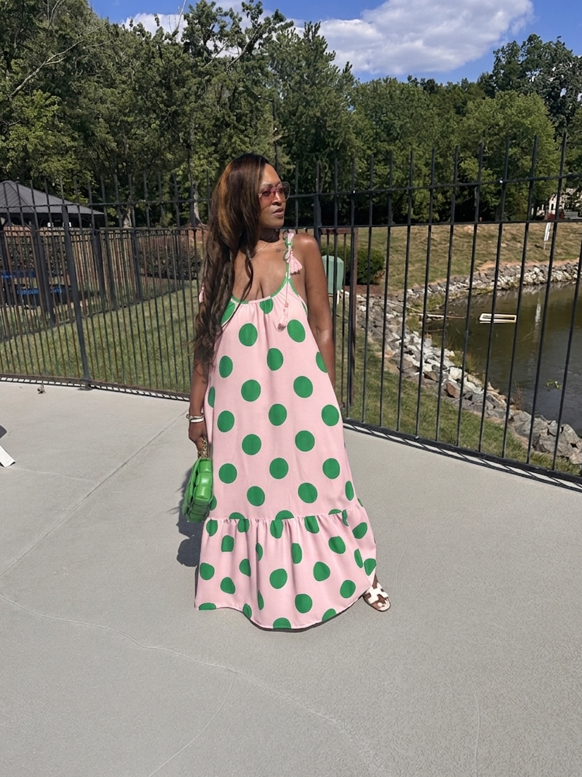 Pretty in Polka Dots Pink and Green Low Back Maxi Dress with Pockets in S-3X 1X