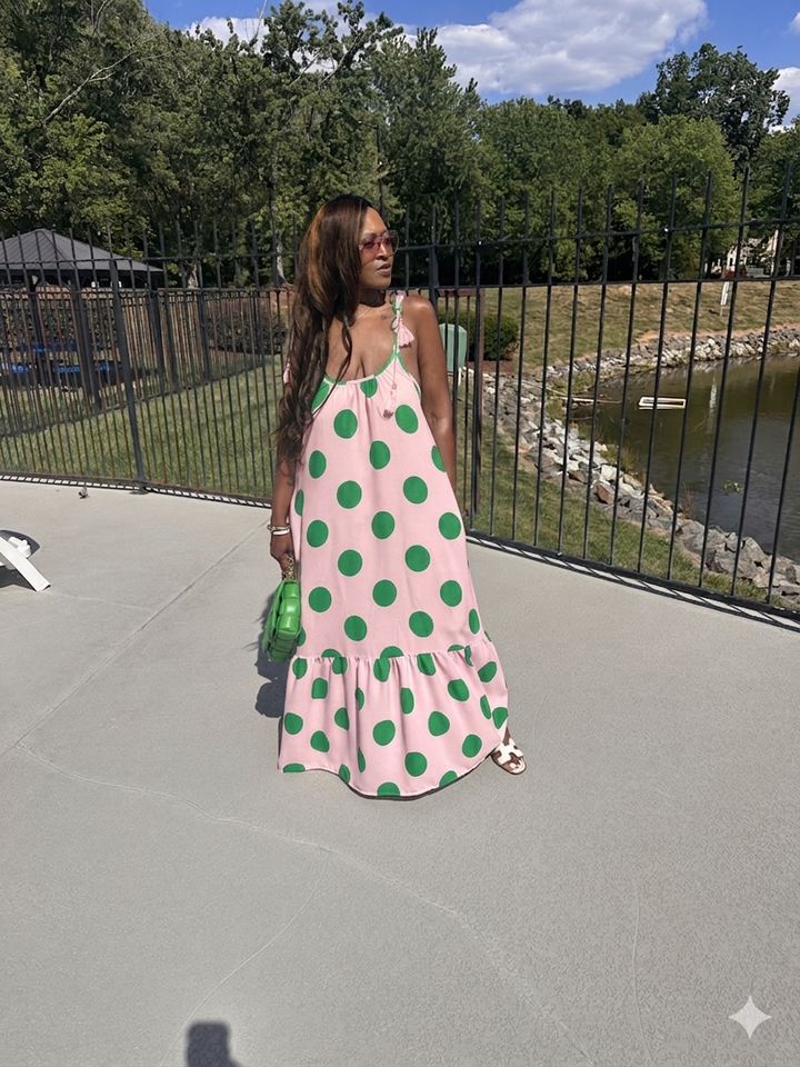 PRE-ORDER Pretty in Polka Dots Pink and Green Low Back Maxi Dress with Pockets Ships 8/15
