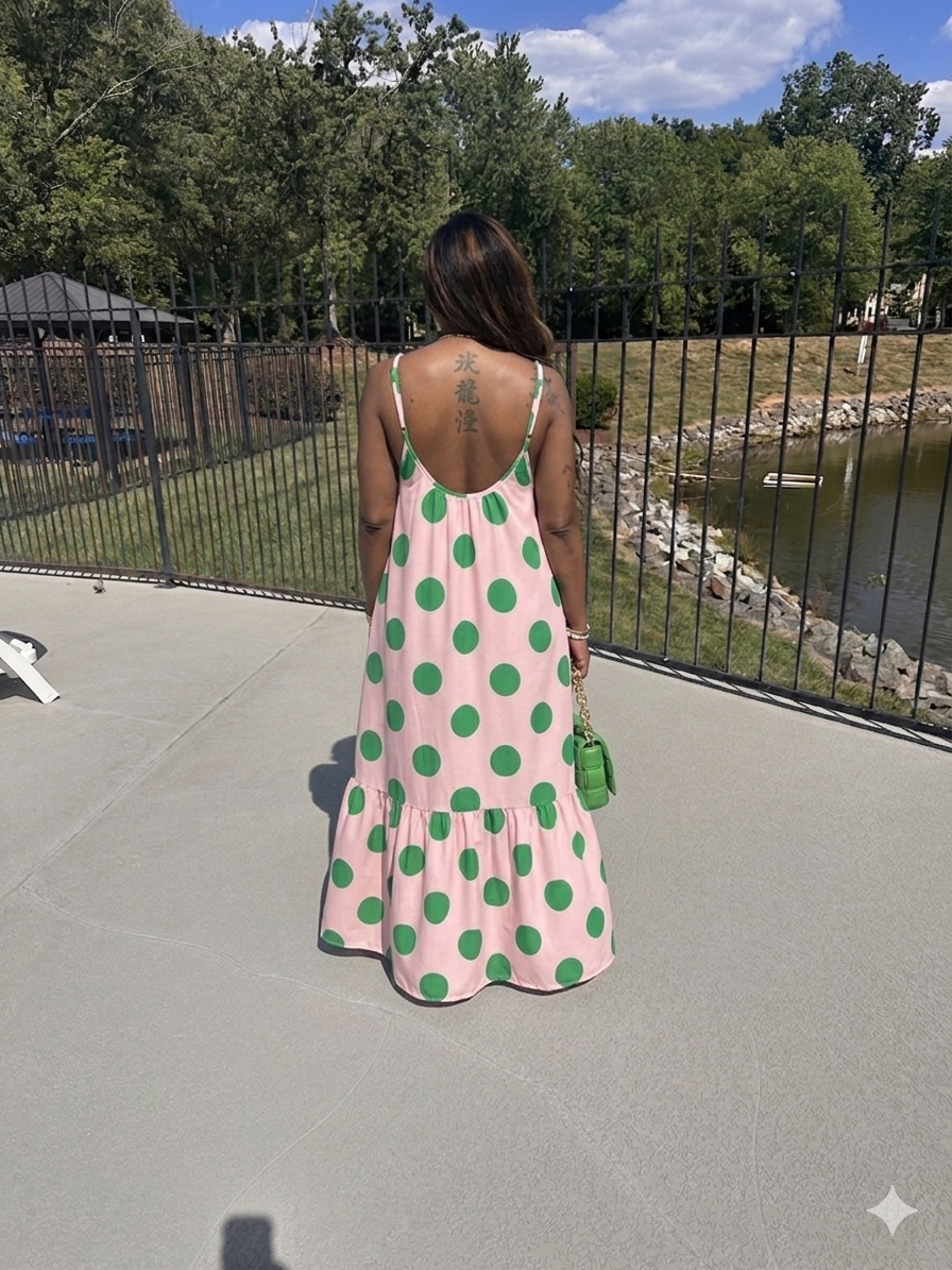 PRE-ORDER Pretty in Polka Dots Pink and Green Low Back Maxi Dress with Pockets Ships 8/15