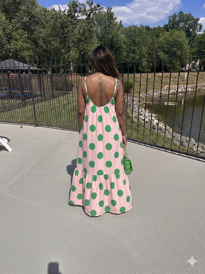 PRE-ORDER Pretty in Polka Dots Pink and Green Low Back Maxi Dress with Pockets Ships 8/15