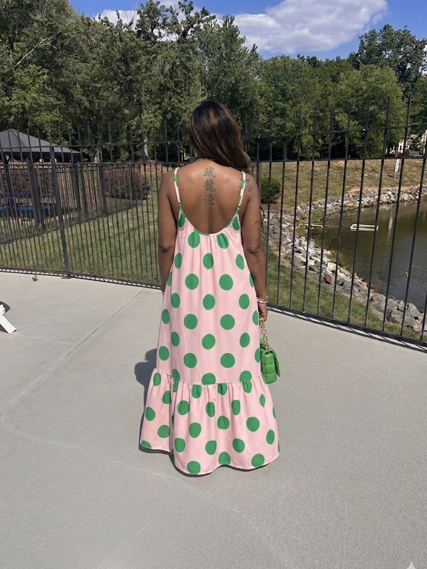 PRE-ORDER Pretty in Polka Dots Pink and Green Low Back Maxi Dress with Pockets in S-3X 1X