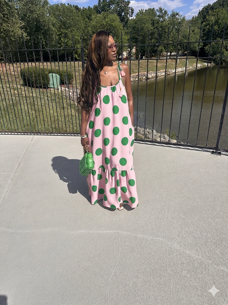 PRE-ORDER Pretty in Polka Dots Pink and Green Low Back Maxi Dress with Pockets Ships 8/15