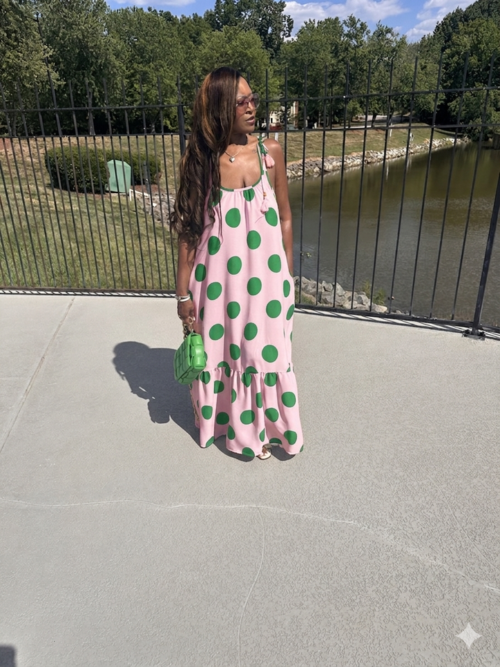 PRE-ORDER Pretty in Polka Dots Pink and Green Low Back Maxi Dress with Pockets Ships 8/15