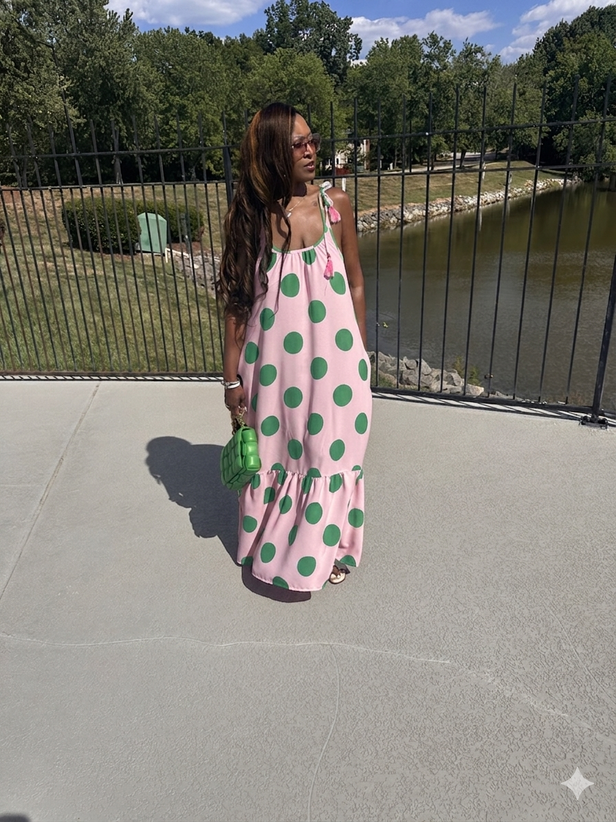 PRE-ORDER Pretty in Polka Dots Pink and Green Low Back Maxi Dress with Pockets Ships 8/15