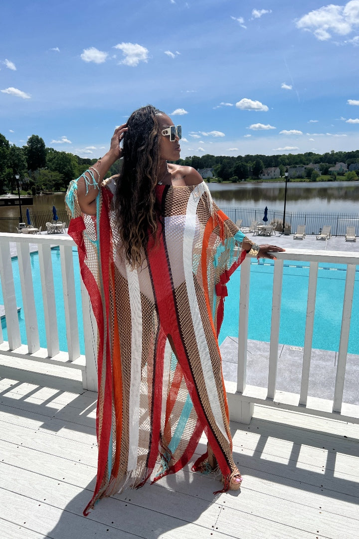 RESTOCKED Rich Auntie Summer Honeycomb Striped Kimono - Red Turquoise Orange White Blend Ships 5/28