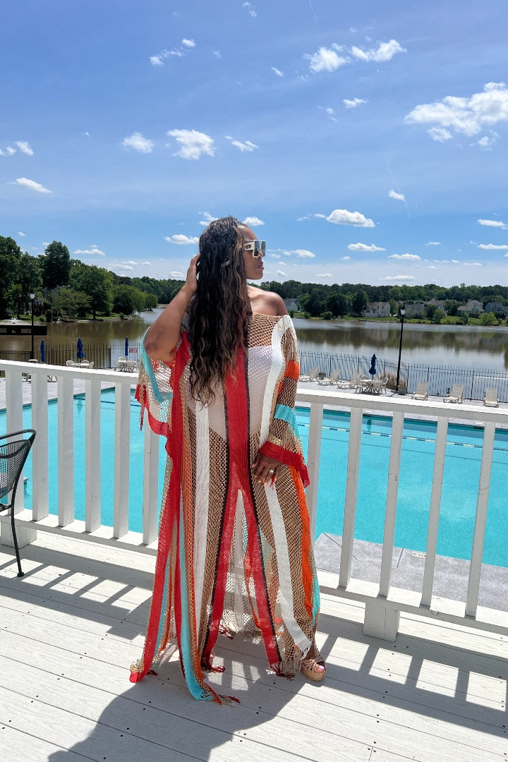 RESTOCKED Rich Auntie Summer Honeycomb Striped Kimono - Red Turquoise Orange White Blend Ships 5/28