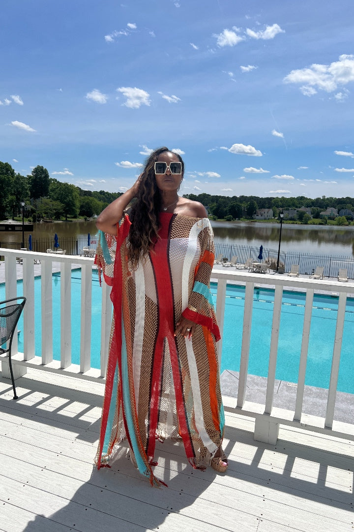 RESTOCKED Rich Auntie Summer Honeycomb Striped Kimono - Red Turquoise Orange White Blend Ships 4/8