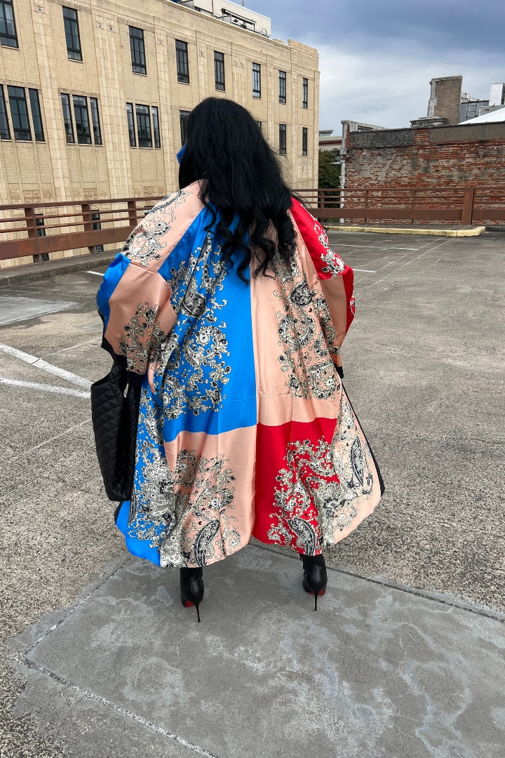 Oriental Satin Open Front Kimono Long Kimono - Blue Light Pink Red Black Blend