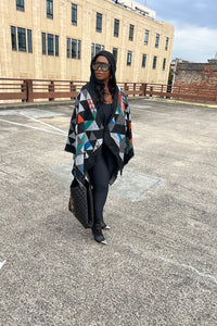 Rich Auntie Santa Fe' Winter Open Front Poncho with Hood - Black Grey Red Turquoise Blend Ships 12/15