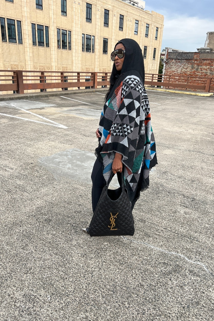 Rich Auntie Santa Fe' Winter Open Front Poncho with Hood - Black Grey Red Turquoise Blend Ships 12/15