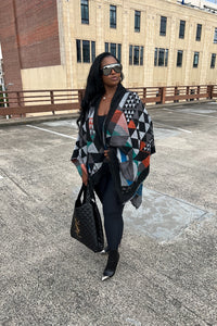 Rich Auntie Santa Fe' Winter Open Front Poncho with Hood - Black Grey Red Turquoise Blend Ships 12/15