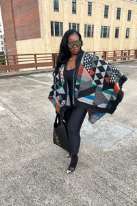 Rich Auntie Santa Fe' Winter Open Front Poncho with Hood - Black Grey Red Turquoise Blend Ships 12/15