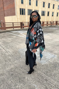 Rich Auntie Santa Fe' Winter Open Front Poncho with Hood - Black Grey Red Turquoise Blend Ships 12/15