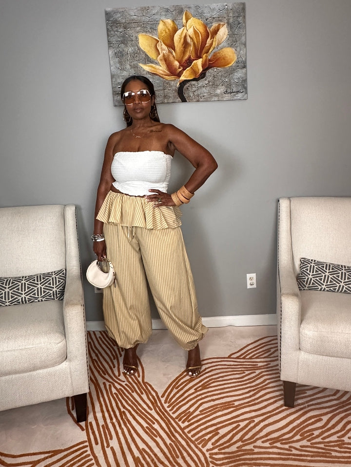 NEW Luxe Layered Peplum Pants - Tan and Beige Striped