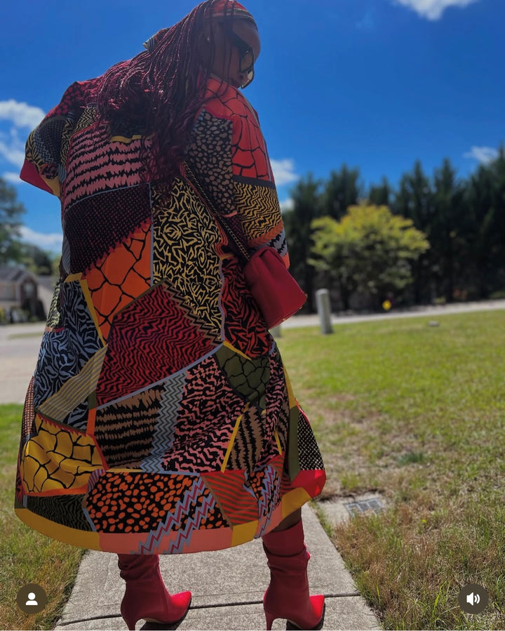 NEW Costa Rica Rich Auntie Satin Kaftan Maxi with Matching Scarf- Red Yellow Blue Blend Ships 5/22