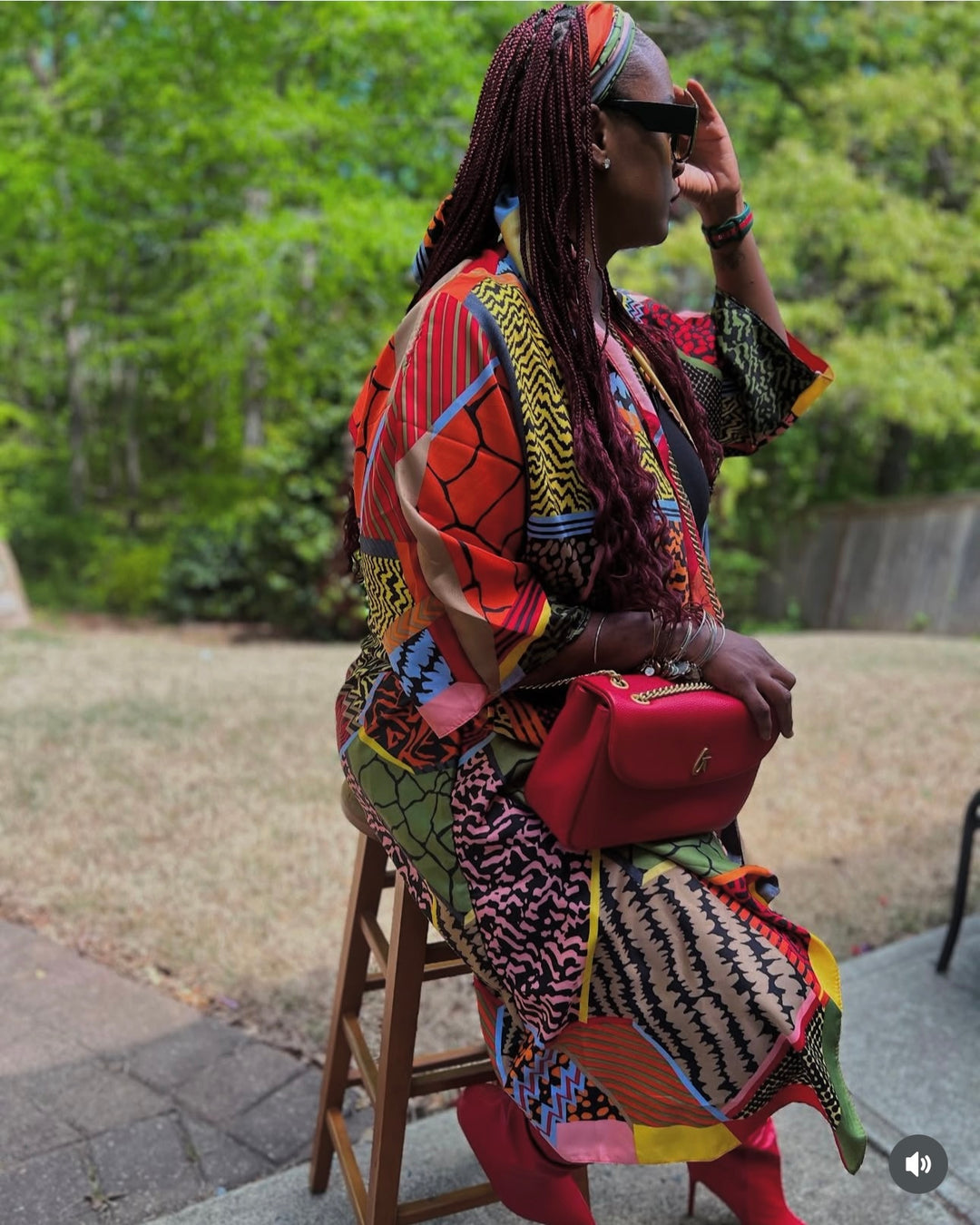 NEW Costa Rica Rich Auntie Satin Kaftan Maxi with Matching Scarf- Red Yellow Blue Blend Ships 5/22
