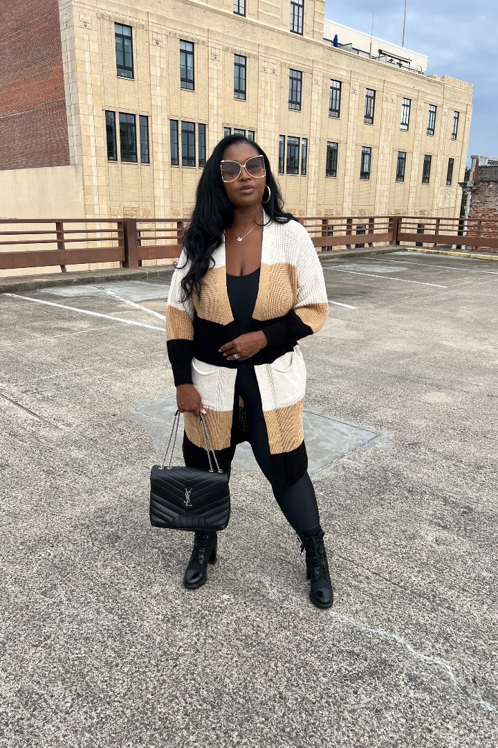 Tri Color Long Cardigan in Brown Blend