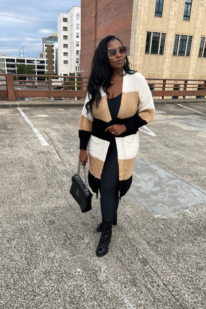 Tri Color Long Cardigan in Brown Blend
