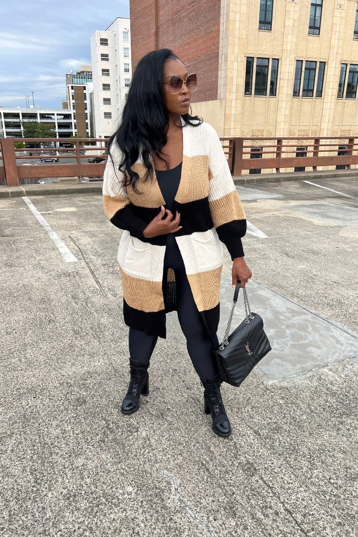 Tri Color Long Cardigan in Brown Blend