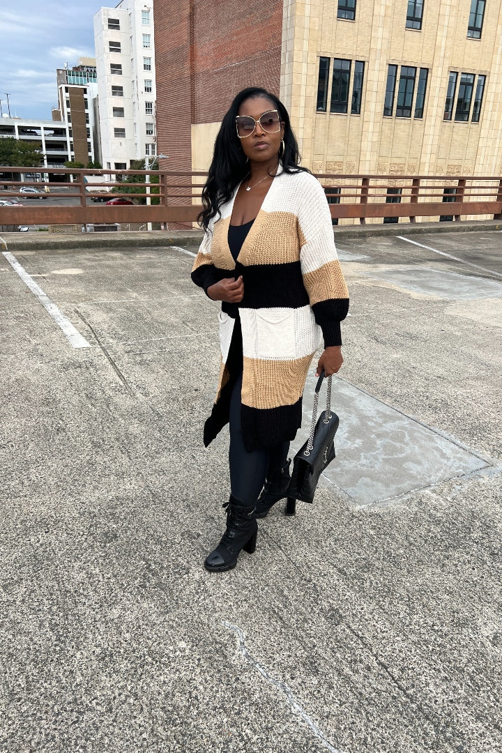 Tri Color Long Cardigan in Brown Blend