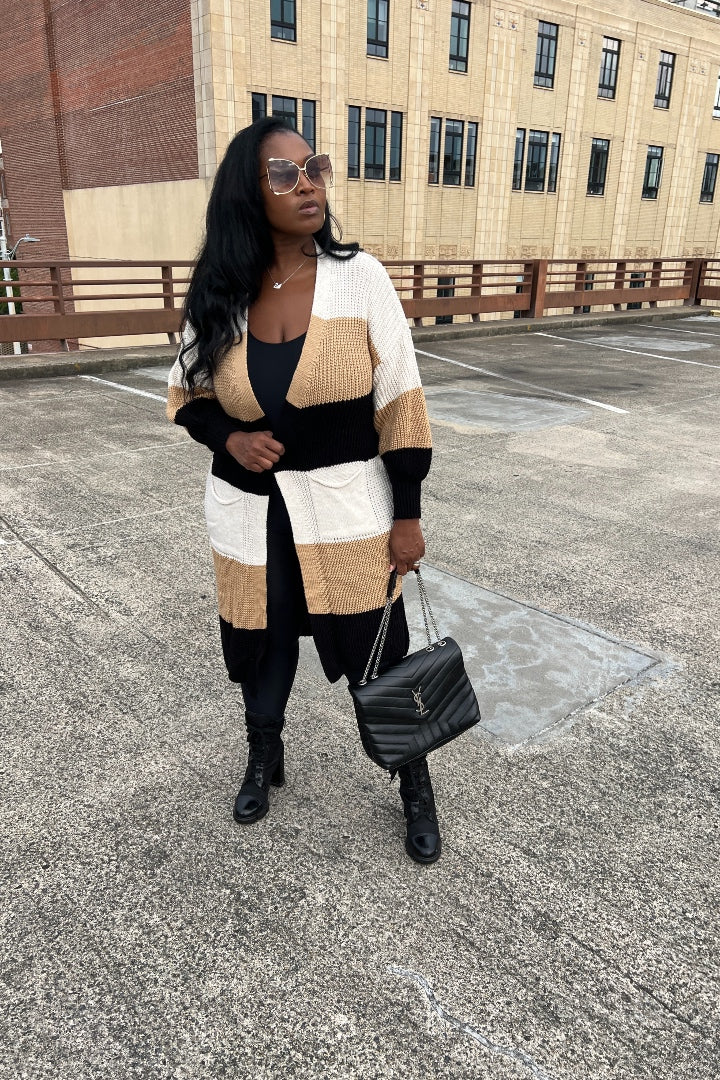 Tri Color Long Cardigan in Brown Blend