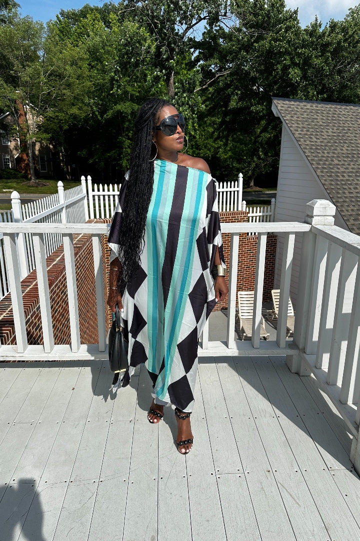 Rich Auntie Satin Diamond Print Kaftan Maxi- Black White and Turquoise Blend Ships 3/24