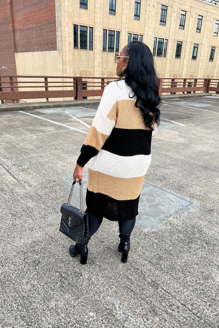 Tri Color Long Cardigan in Brown Blend