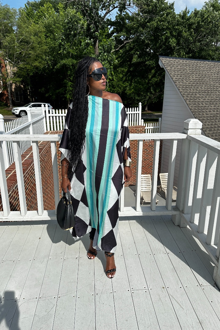 Rich Auntie Satin Diamond Print Kaftan Maxi- Black White and Turquoise Blend Ships 3/24