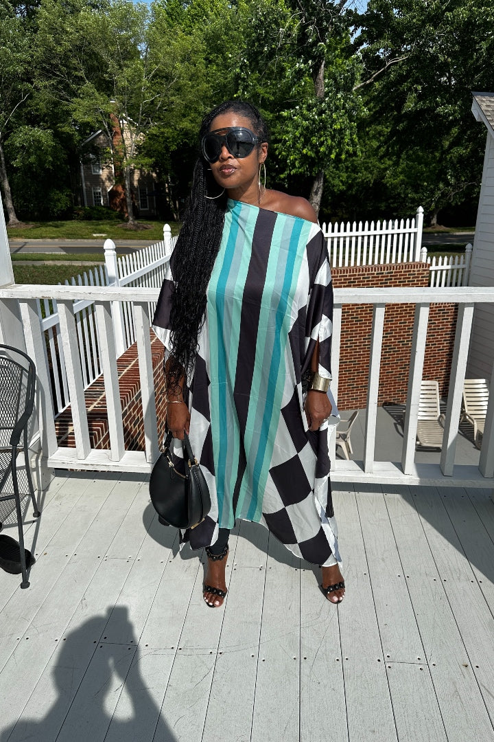 Rich Auntie Satin Diamond Print Kaftan Maxi- Black White and Turquoise Blend Ships 3/24