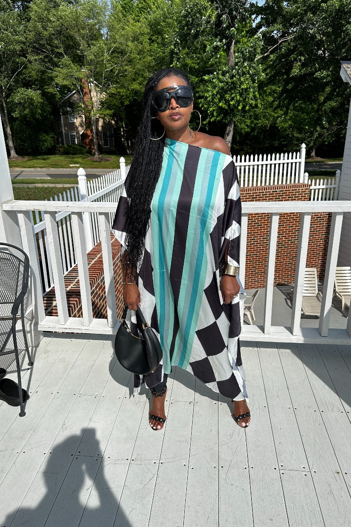 Rich Auntie Satin Diamond Print Kaftan Maxi- Black White and Turquoise Blend Ships 3/24