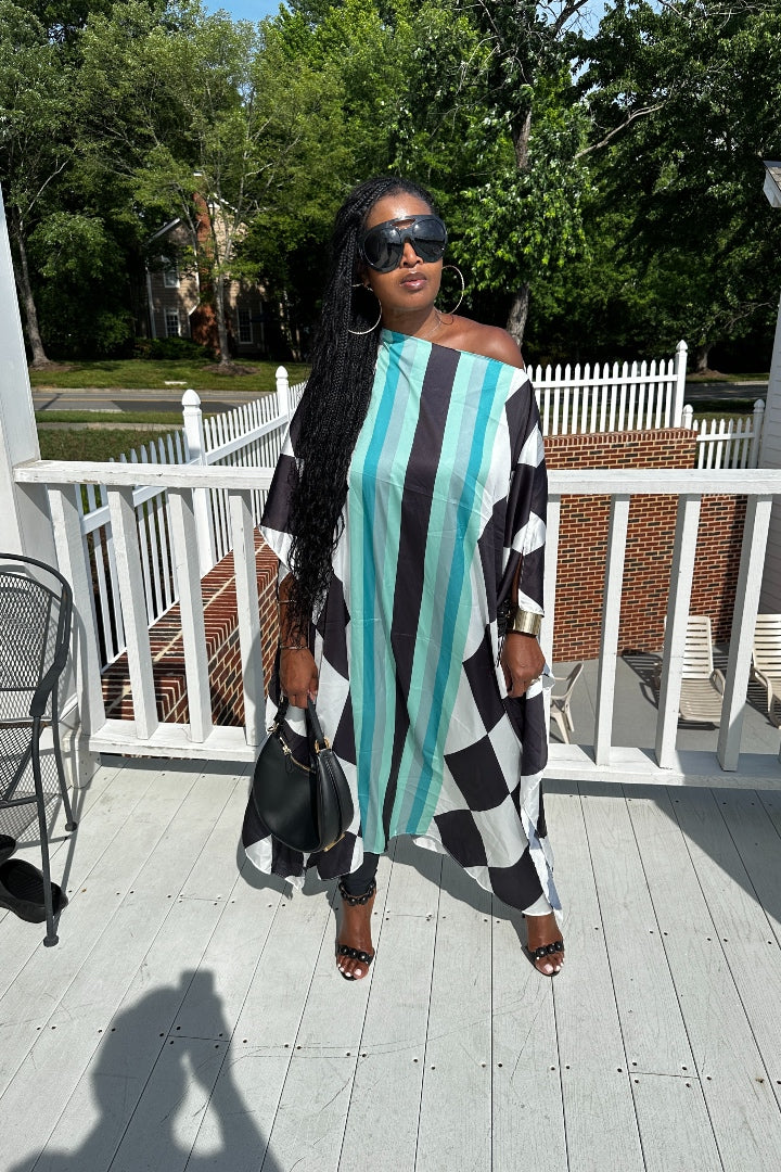 Rich Auntie Satin Diamond Print Kaftan Maxi- Black White and Turquoise Blend Ships 3/24