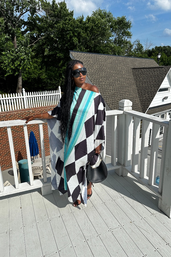 Rich Auntie Satin Diamond Print Kaftan Maxi- Black White and Turquoise Blend Ships 3/24