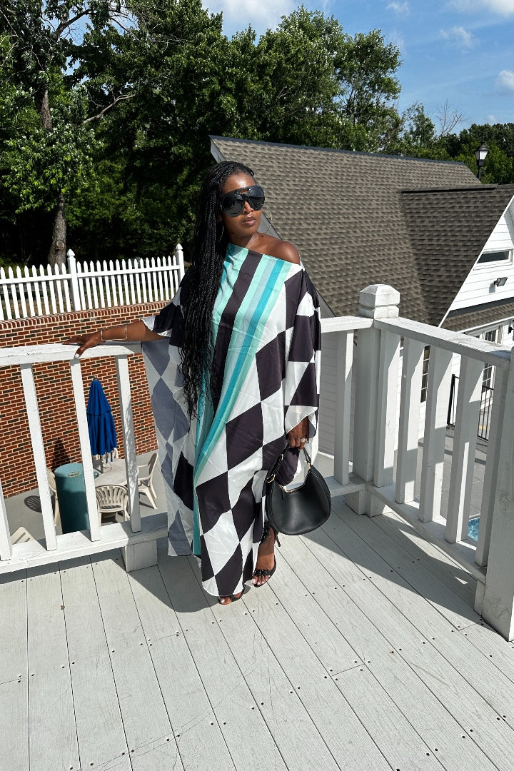 Rich Auntie Satin Diamond Print Kaftan Maxi- Black White and Turquoise Blend Ships 3/24