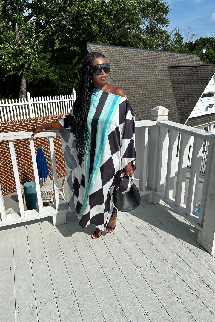 Rich Auntie Satin Diamond Print Kaftan Maxi- Black White and Turquoise Blend Ships 3/24