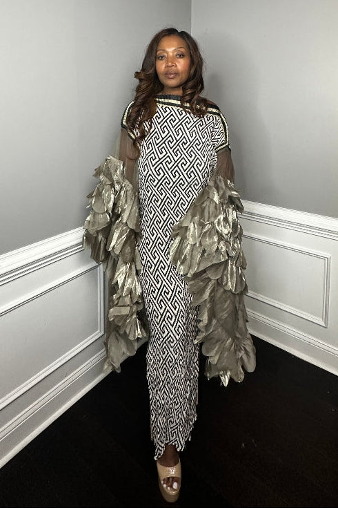 PRE- ORDER Own the room ruffled maxi dress - black and white blend Ships 9/4